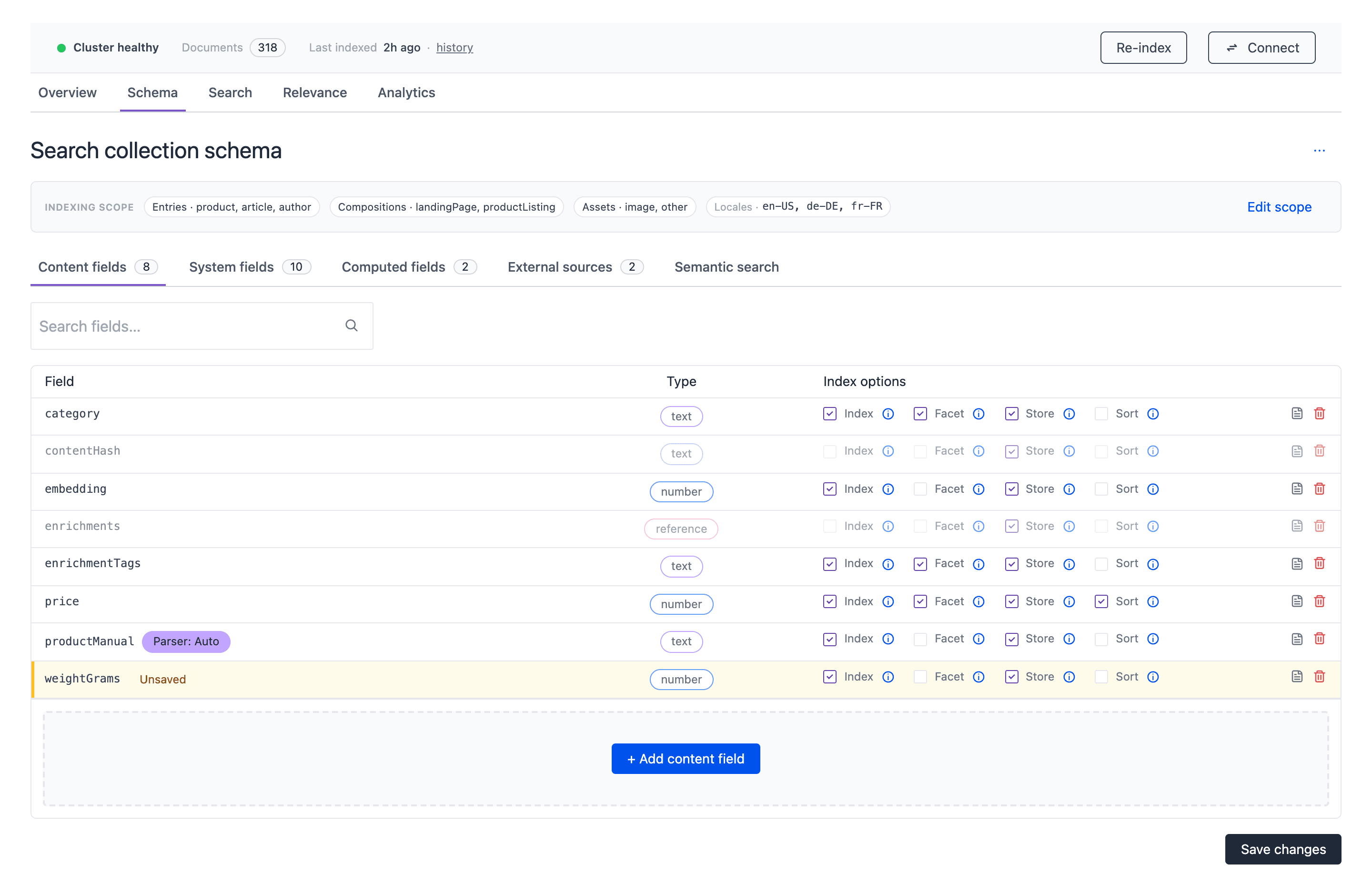 The Content fields sub-tab of the Schema tab with a table of 8 fields and their type and index options. The productManual row has a Parser: Auto chip, the weightGrams row has an Unsaved chip, and the Save changes button is at the bottom right.