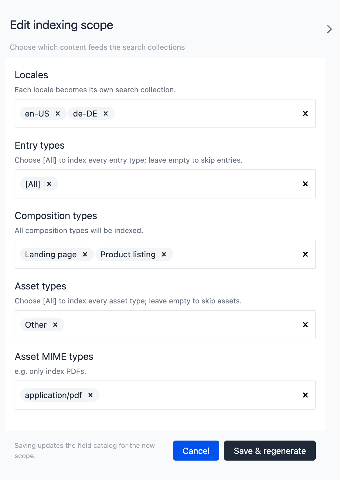 The Edit indexing scope drawer with Locales en-US and de-DE, Entry types [All], Composition types Landing page and Product listing, Asset types Other, and Asset MIME types application/pdf, above the Cancel and Save & regenerate buttons.