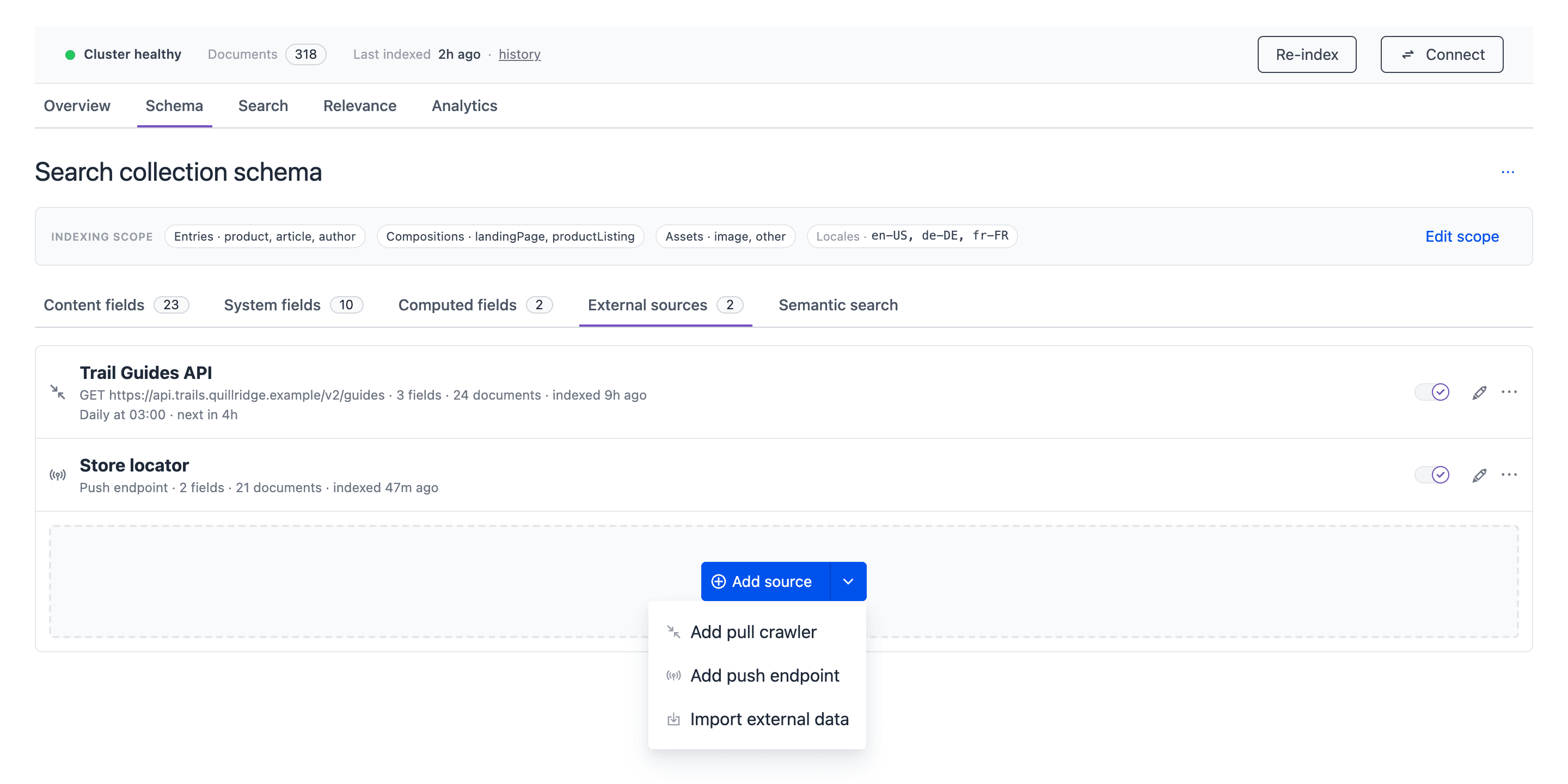 The External sources sub-tab with the Trail Guides API pull source and the Store locator push source. The Add source menu is open with Add pull crawler, Add push endpoint and Import external data.