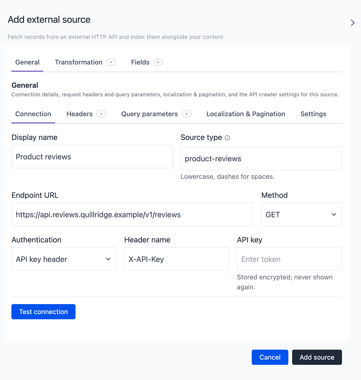 The Add external source drawer on the General tab and the Connection sub-tab, with Display name Product reviews, Source type product-reviews, an Endpoint URL, Method GET, Authentication API key header, Header name X-API-Key and an empty API key field.