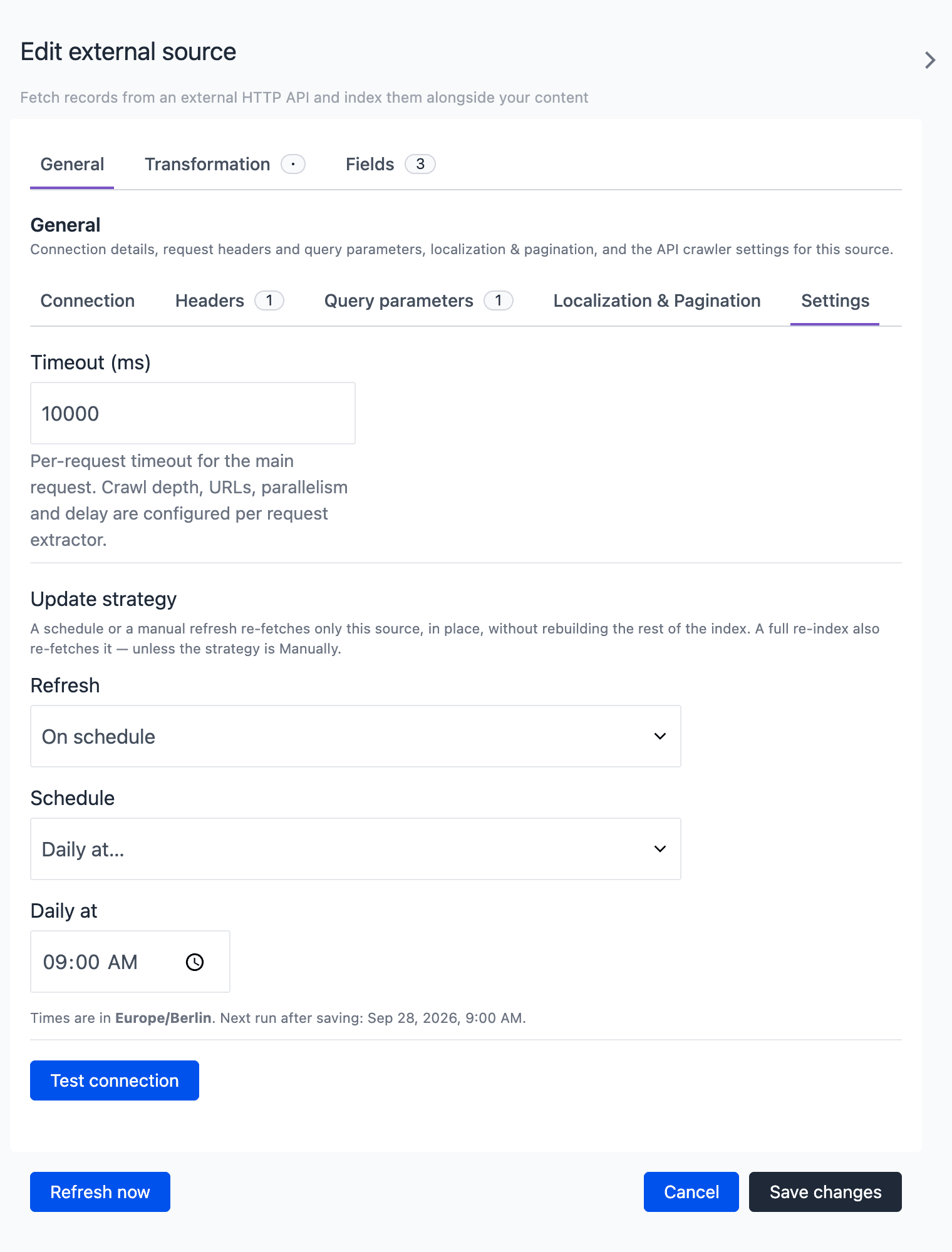 The Edit external source drawer on the General tab and the Settings sub-tab. Under Update strategy, Refresh is On schedule, Schedule is Daily at, the time is 09:00 AM, and a line shows the time zone and the next run after saving.