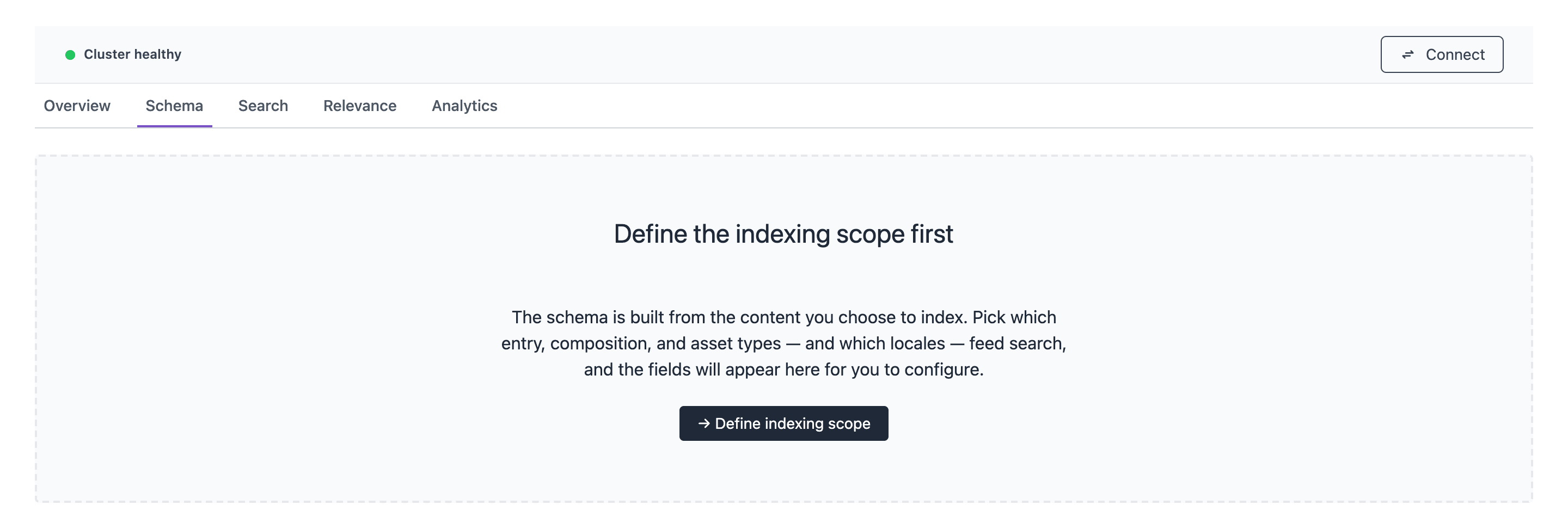 The Schema tab of a project that has no indexing scope, with the empty state Define the indexing scope first and a Define indexing scope button.