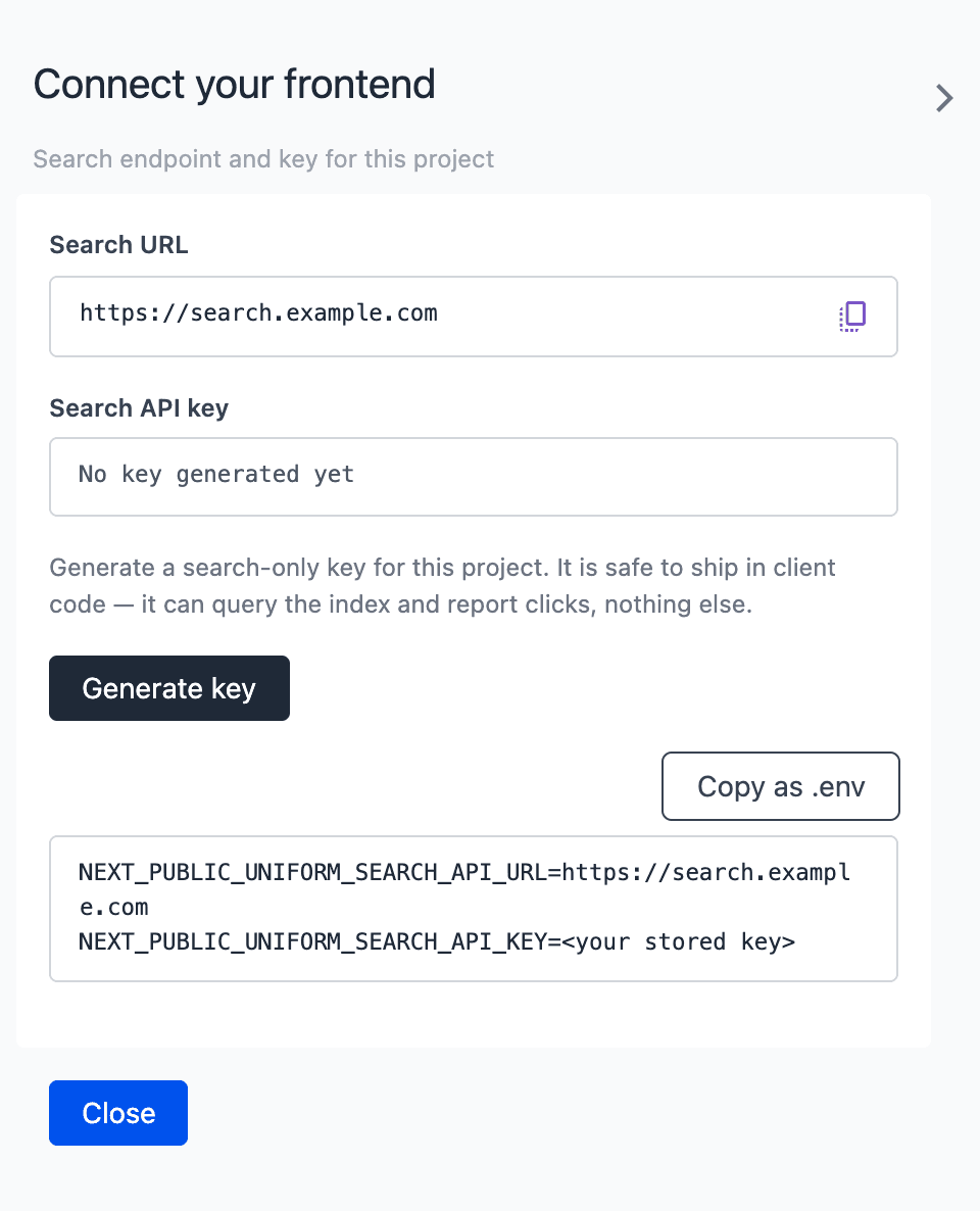 The Connect your frontend drawer with no key yet. The Search API key field shows No key generated yet, with a short text about the search-only key and a Generate key button below it.