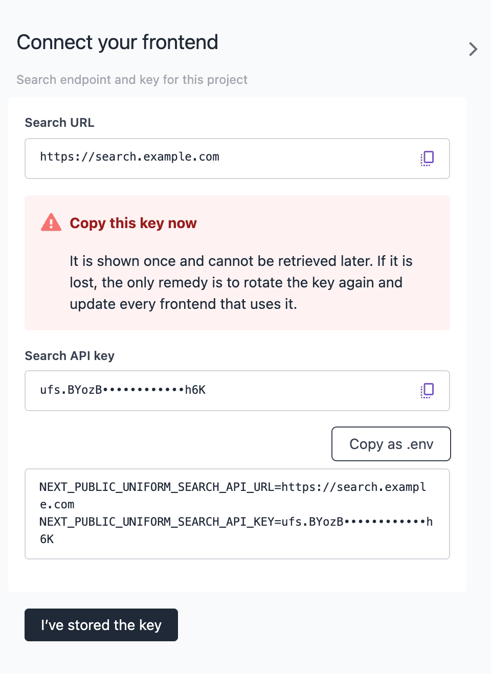 The Connect your frontend drawer right after Generate key, with a red Copy this key now callout, the new search API key partly masked, the Copy as .env button with the filled environment variables, and the I have stored the key button.