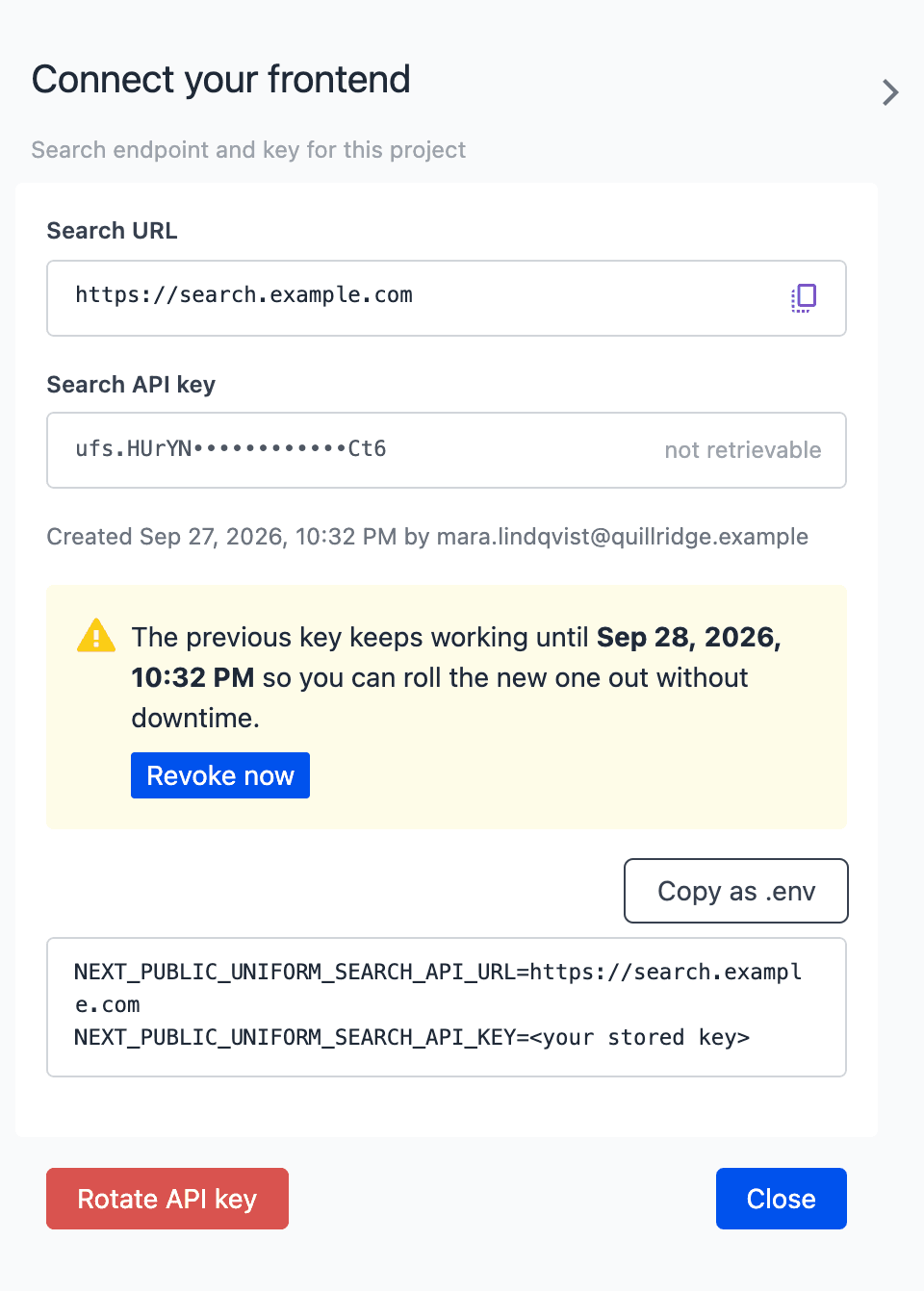The Connect your frontend drawer after a key rotation, with the new masked key and a yellow caution callout that shows the date until the previous key keeps working and a Revoke now button.