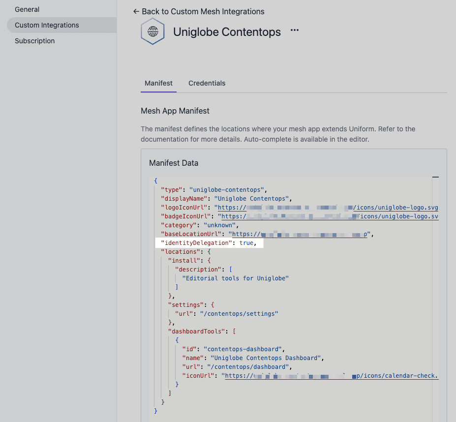 Setting identityDelegation to true in the custom integration's manifest editor.