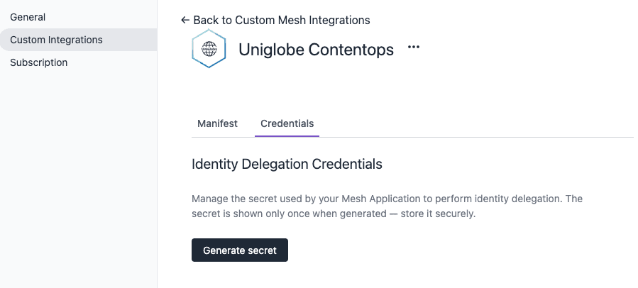 The Credentials tab of a custom integration with the Generate secret button.