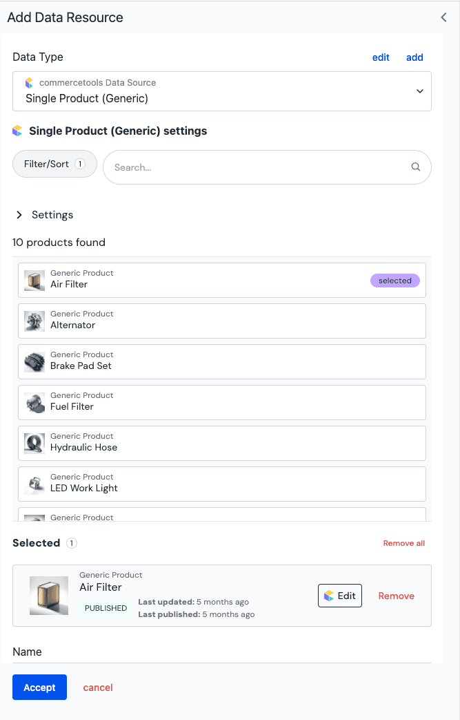 Product picker for a commercetools data resource.