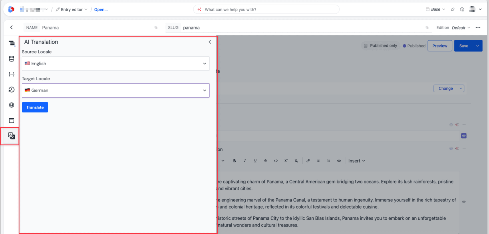 Editor tool of the AI Translation integration in the visual editor.