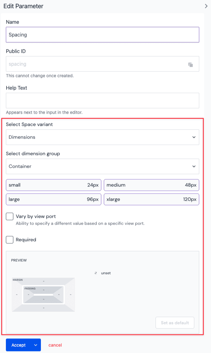 Configuration UI for the custom spacing parameter type from the Design Extensions integration.