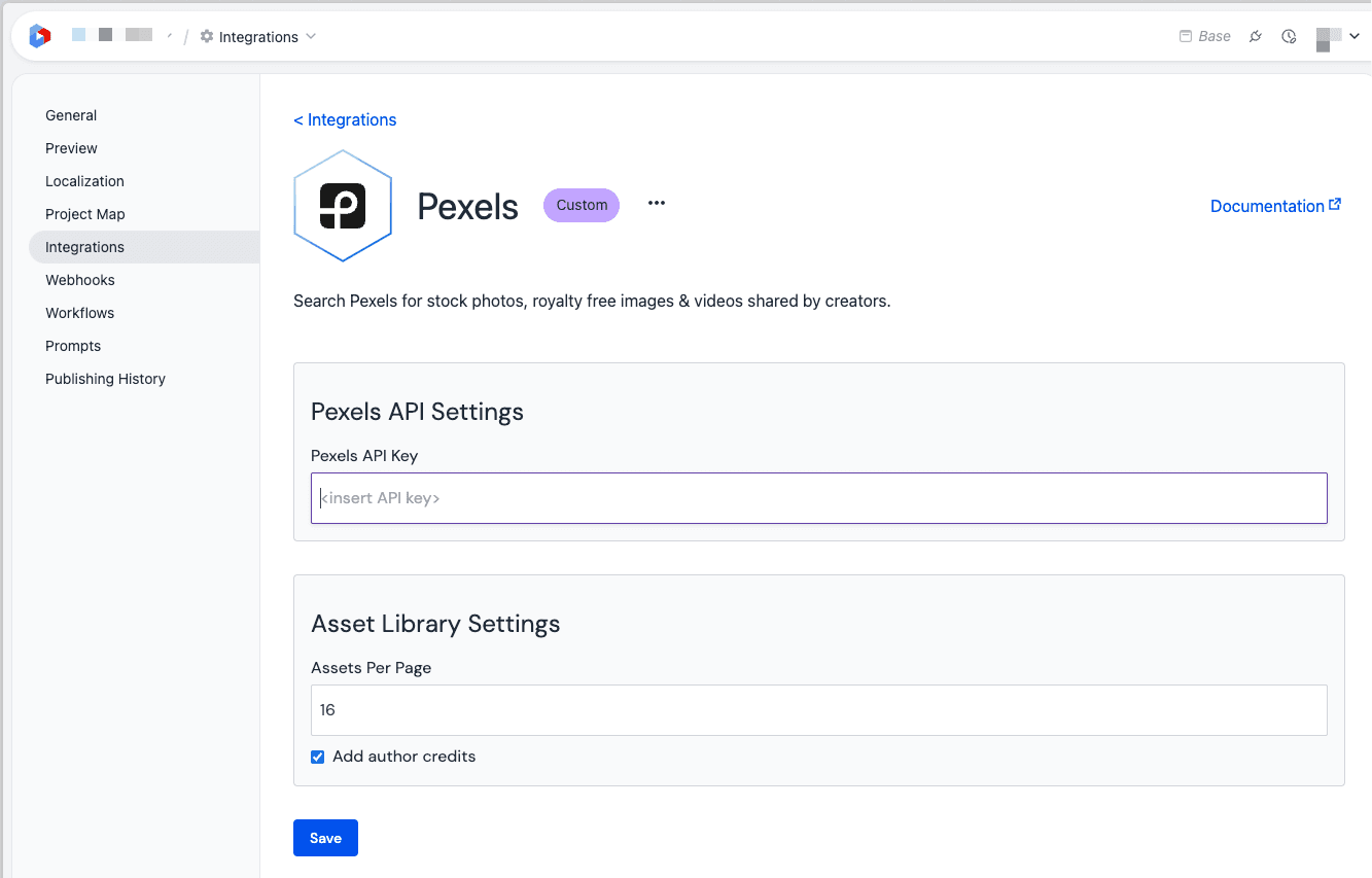 Settings location for a custom integration.