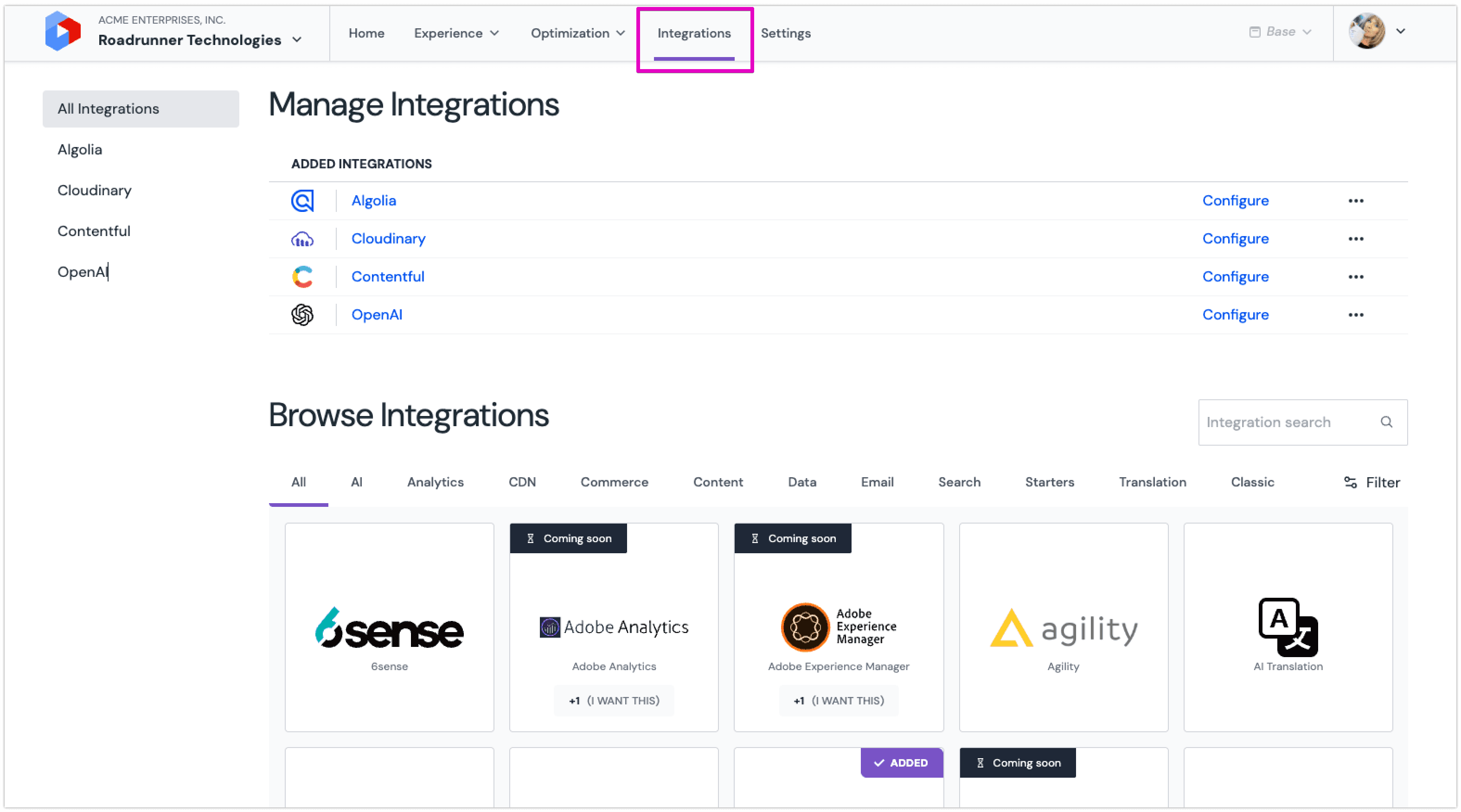 Integrations moved to Settings: Before the change