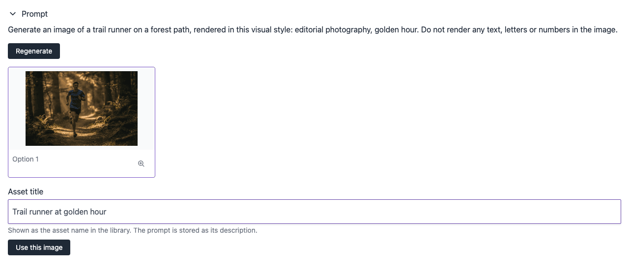 The Asset Studio panel for the prompt Generate image in a specific style. The prompt asks for a trail runner on a forest path in editorial photography at golden hour. One variation is selected, the Asset title is Trail runner at golden hour, and the button says Use this image.