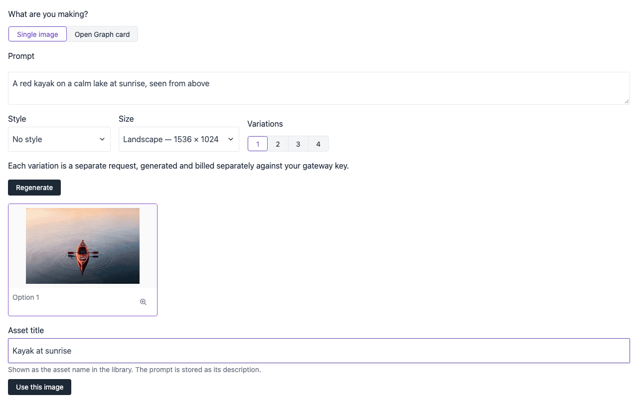 Asset Studio in the asset selector of a parameter. The prompt describes a red kayak on a calm lake, one variation is generated and selected, the Asset title is Kayak at sunrise, and the button says Use this image.
