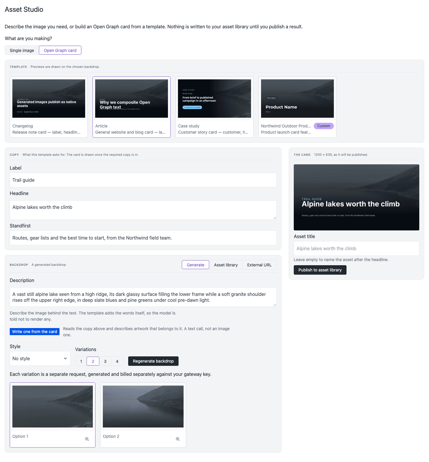 The Backdrop area set to Generate. The Description describes a blurred alpine lake with ridgelines in slate blue and teal. Below are the Write one from the card button, Style, Variations set to 2, the Regenerate backdrop button, and two generated backdrops with Option 1 selected. The card shows Option 1 behind the copy.