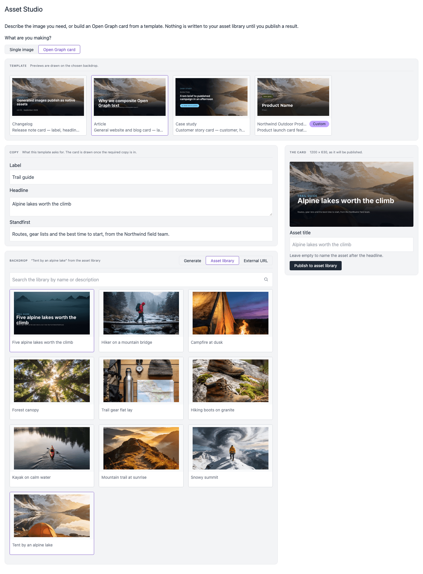 The Backdrop area set to Asset library, with a search field and a grid of nine outdoor photographs. Tent by an alpine lake is selected, and the card and the template previews show that photograph behind the copy.