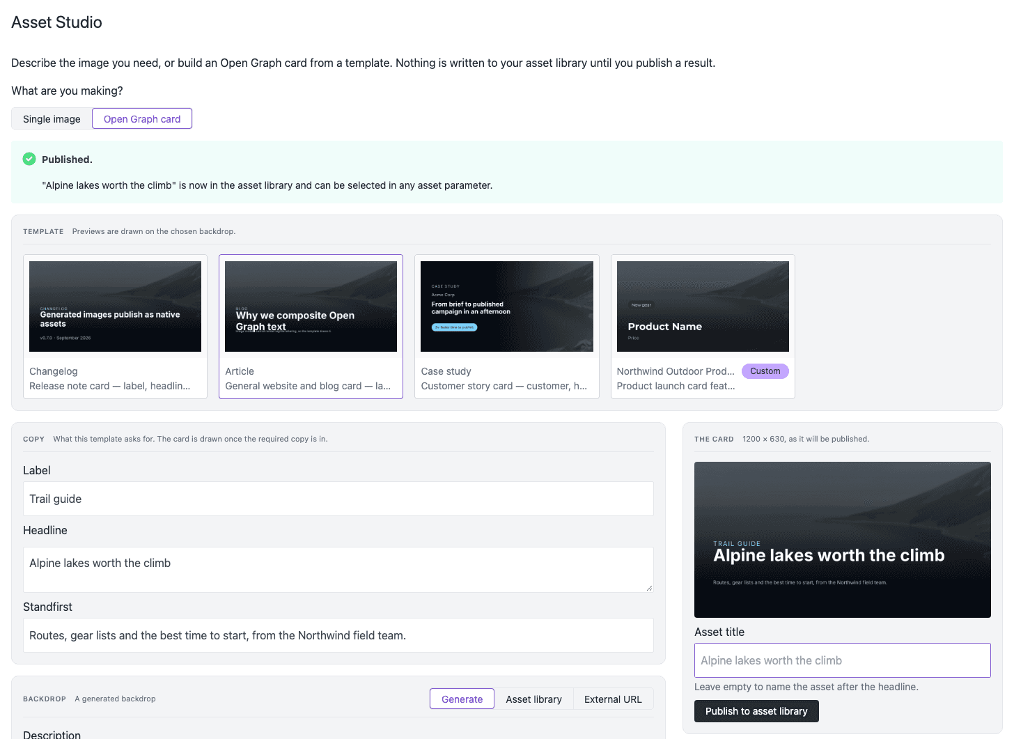 Asset Studio with Open Graph card selected. A success message says that the card is now in the asset library. Below are the template picker, the copy fields, and the finished 1200 by 630 card.
