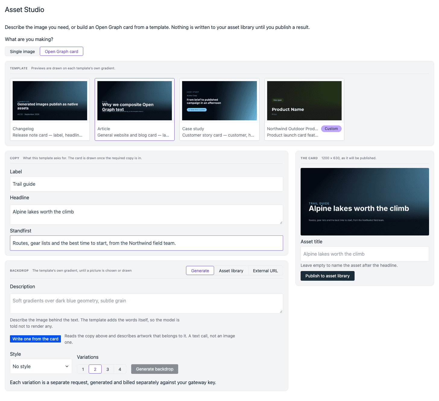 Asset Studio with Open Graph card selected. Article is selected under Template. Under Copy, the Label is Trail guide, the Headline is Alpine lakes worth the climb, and the Standfirst is filled in. The card on the right shows the copy on a dark blue gradient.