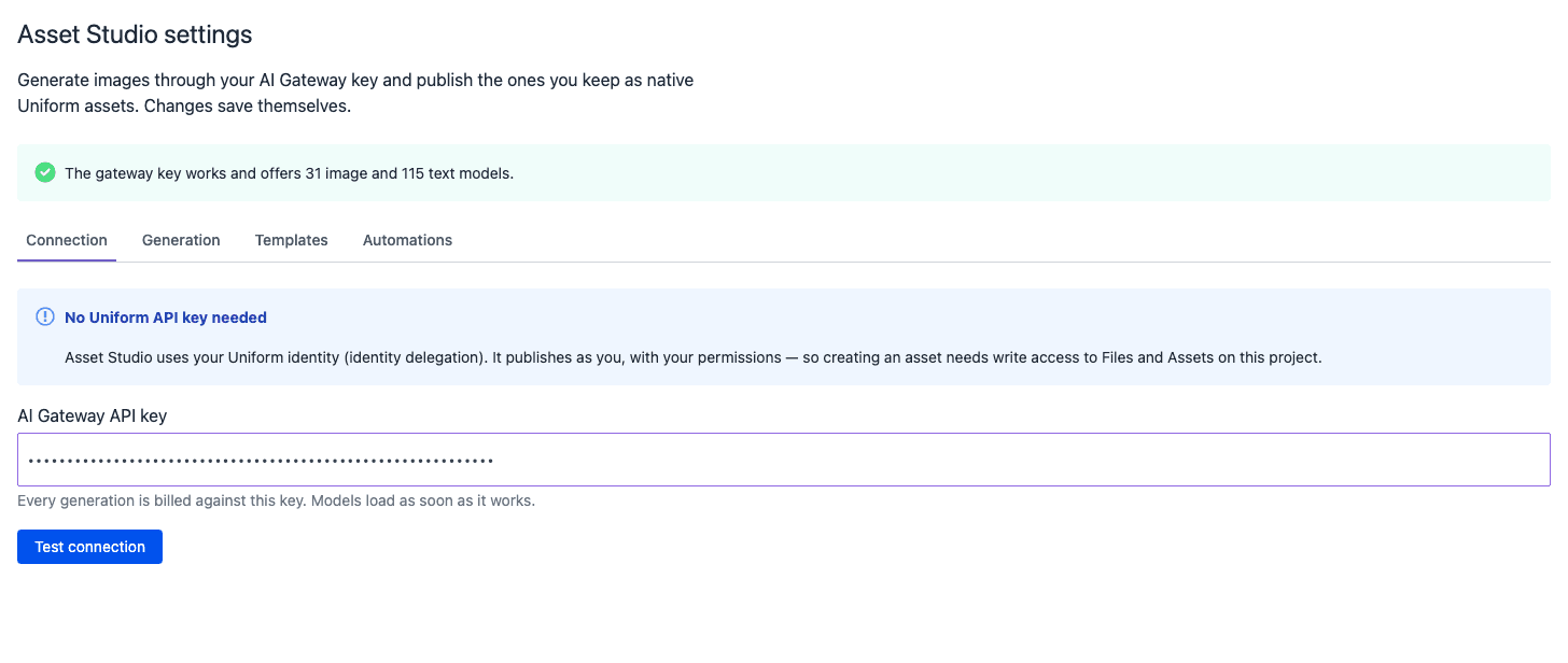 Asset Studio settings on the Connection tab. A message says that the gateway key works and offers 31 image and 115 text models. Below it are a note that no Uniform API key is necessary, the hidden AI Gateway API key, and the Test connection button.