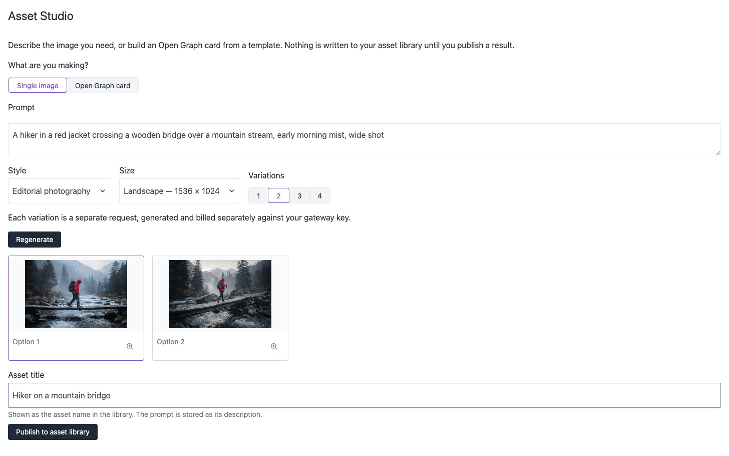 Asset Studio with Single image selected. The prompt describes a hiker crossing a wooden bridge, Style is Editorial photography, Size is Landscape 1536 by 1024, and Variations is 2. Below are two generated images, Option 1 is selected, and the Asset title is Hiker on a mountain bridge, above the Publish to asset library button.