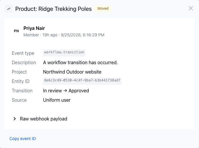 The event details dialog for a workflow move of Product: Ridge Trekking Poles from In review to Approved by Priya Nair.