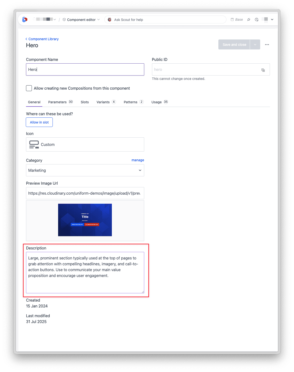 Component description field in component editor
