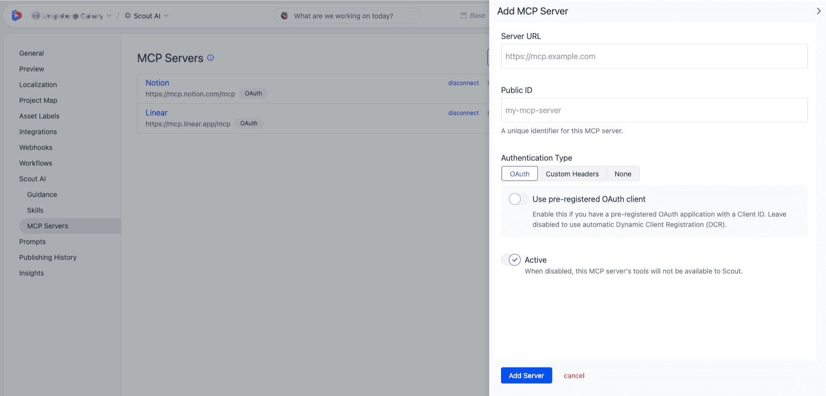 Add MCP Server drawer with fields for Server URL, Public ID, an Authentication Type tab group (OAuth, Custom Headers, None) and an Active toggle