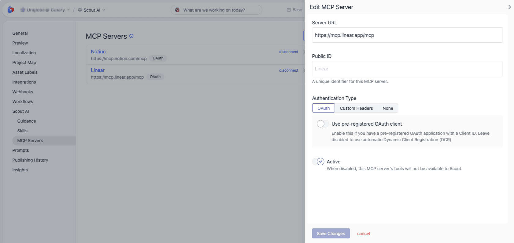 Edit MCP Server drawer for the Linear server, showing the same Server URL, Public ID, Authentication Type and Active fields as the Add form