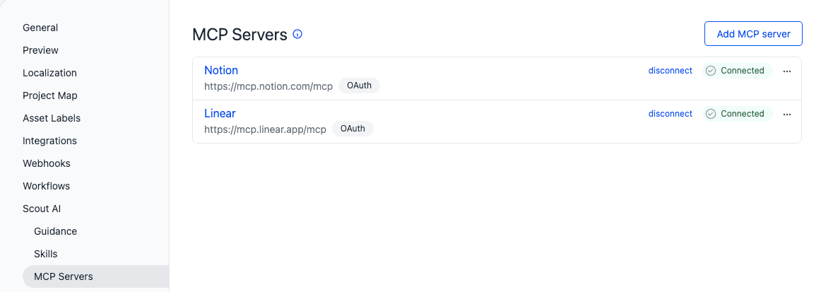 MCP Servers settings page listing two connected servers, Notion and Linear, each with an OAuth badge and a Connected status