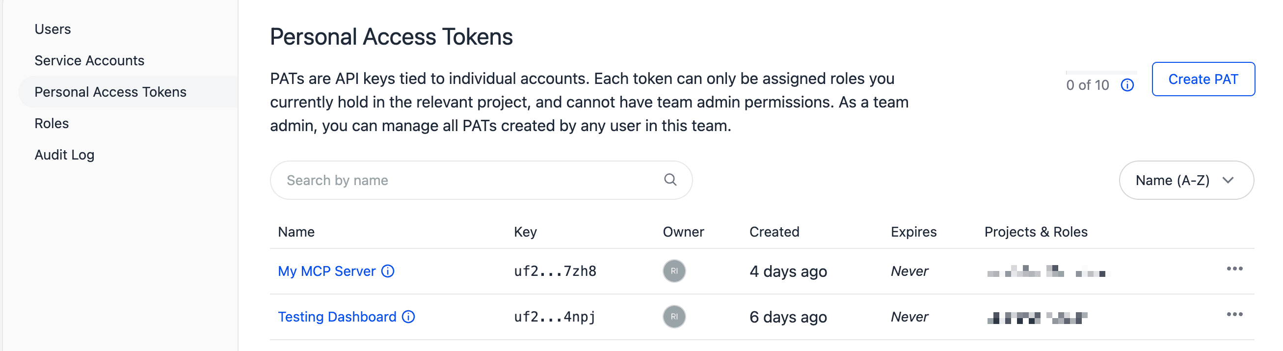 Personal access tokens under Security