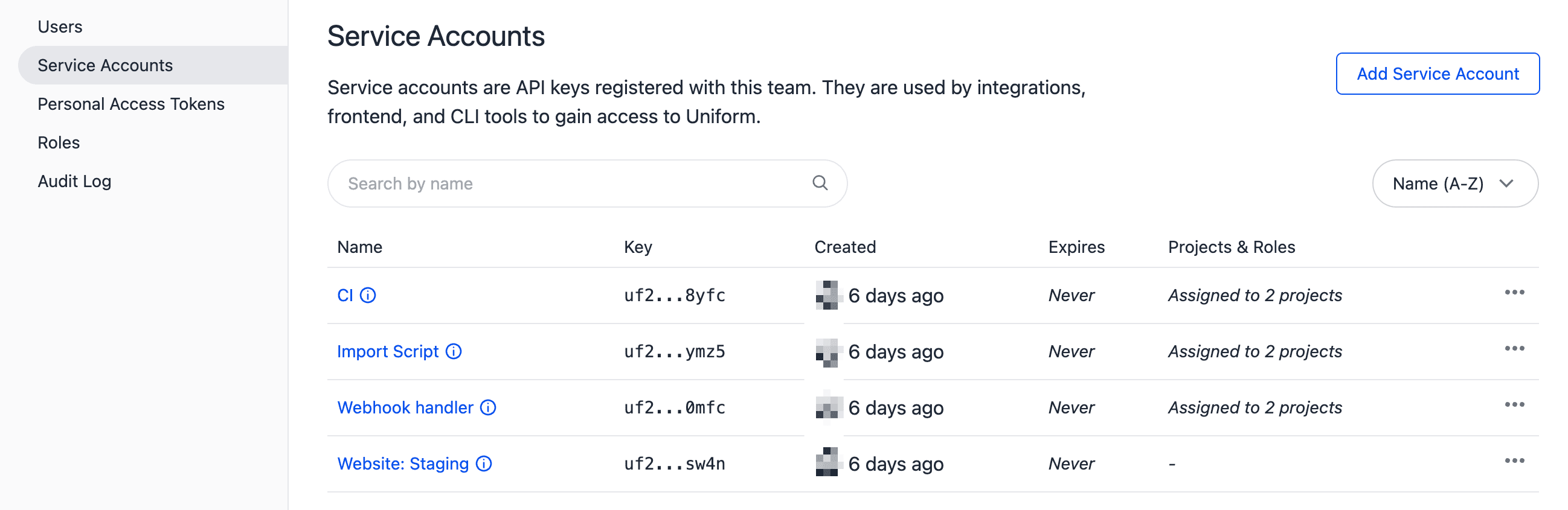 Service accounts list under Security