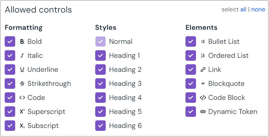 Formatting options are bold, italic, underline, strike through, code, superscript, and subscript. Style options are normal and headings 1 through 6. Elements available include bulleted lists, ordered lists, links, block quotes, code blocks and dynamic tokens.