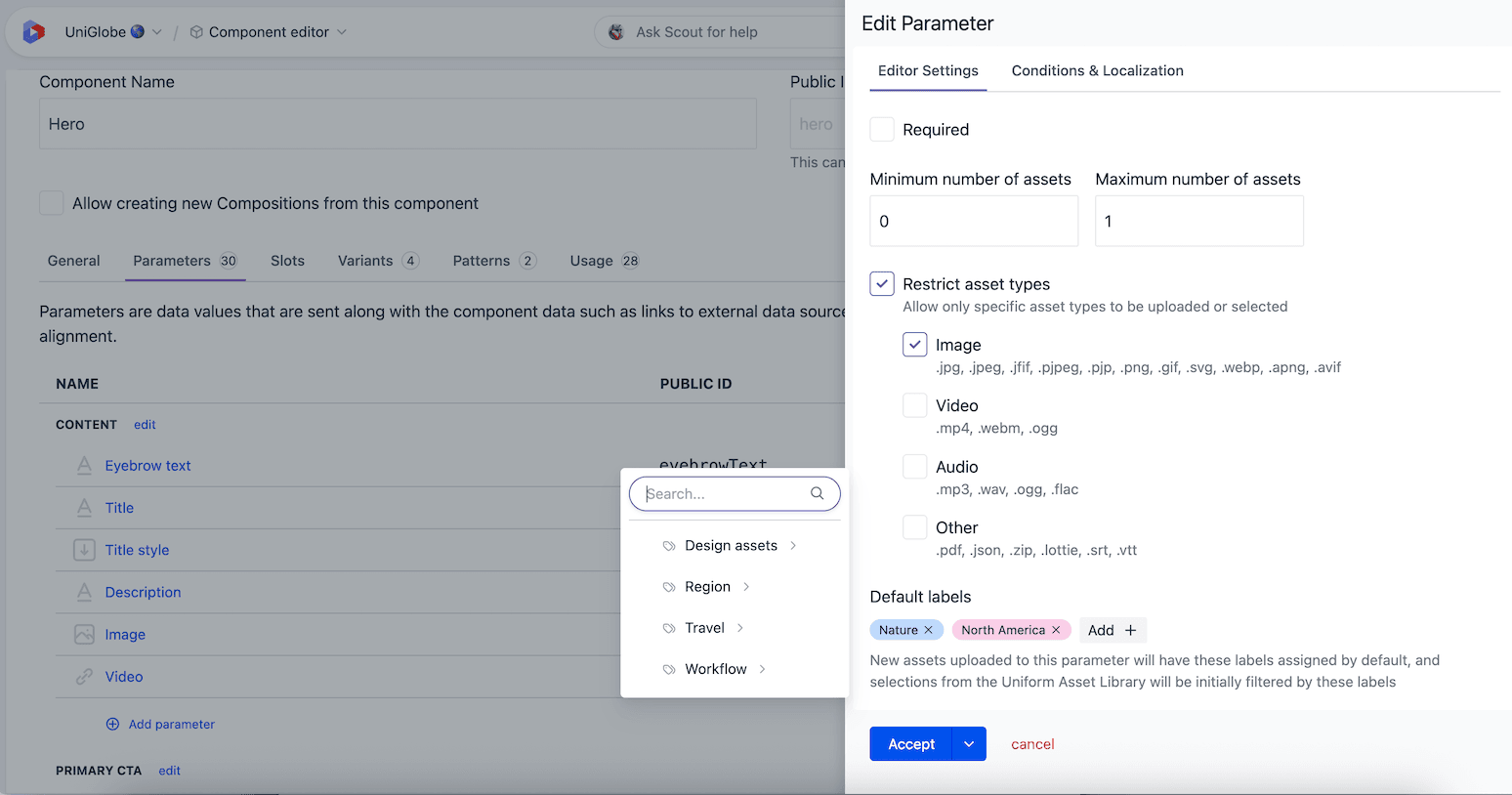 Configure default labels on an asset parameter