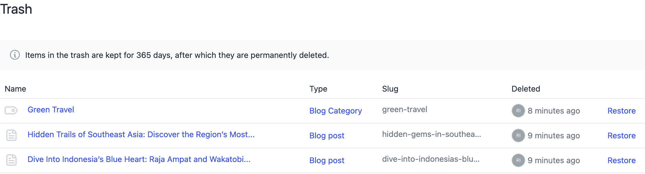 Trash list of deleted entries showing name, type, slug, and when each was deleted.