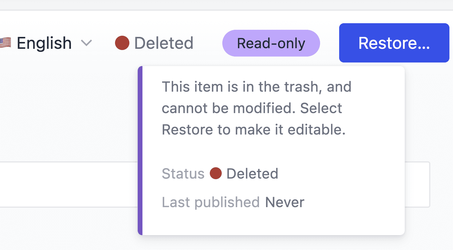 Editor header for a trashed item, showing its deleted and read-only state.