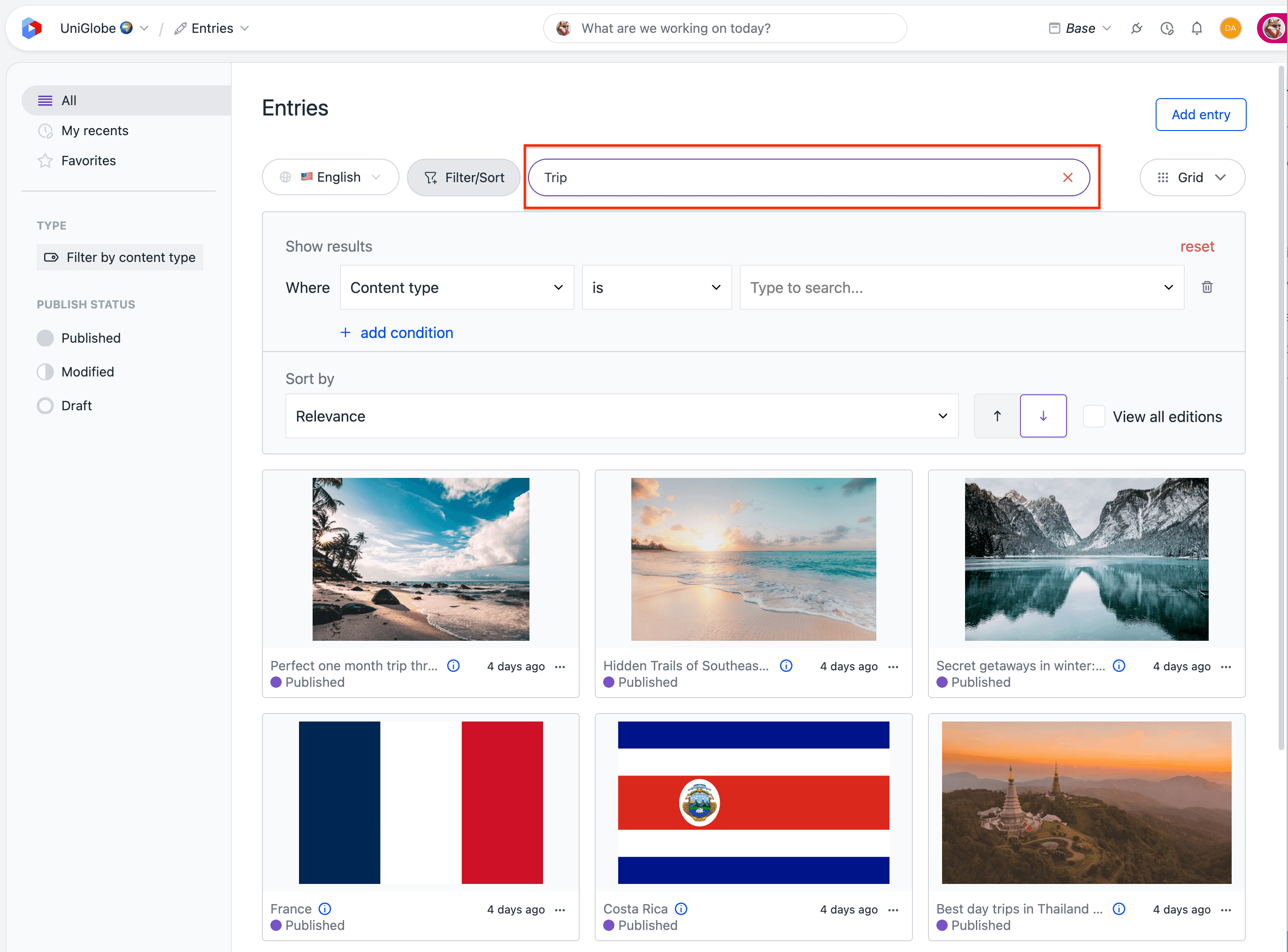 The Entries listing with the keyword 'Trip' in the search box and the Filter/Sort panel showing results sorted by Relevance.
