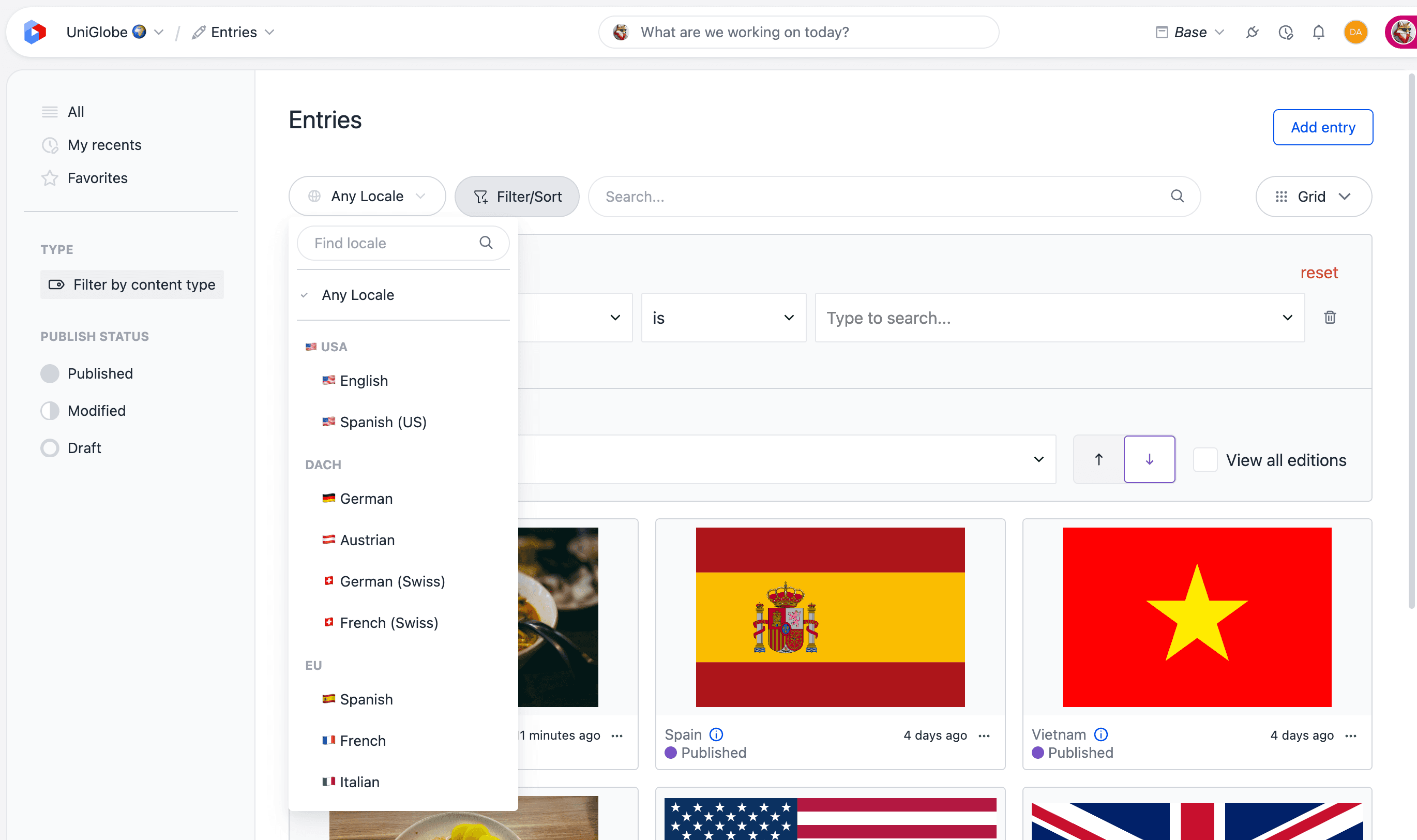 The Entries listing with the locale selector dropdown open, showing locales grouped by region and an Any locale option.