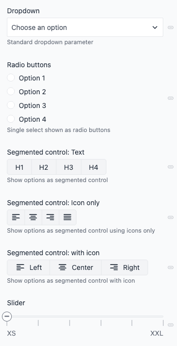 Single select parameter shown as dropdown, radio buttons, segmented controls (text, icon only, with icon), and slider with XS to XXL.
