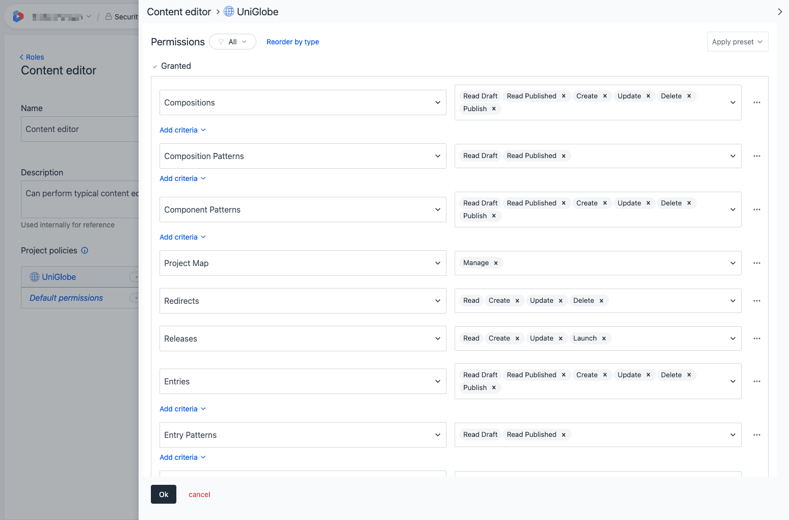 Project policy editor