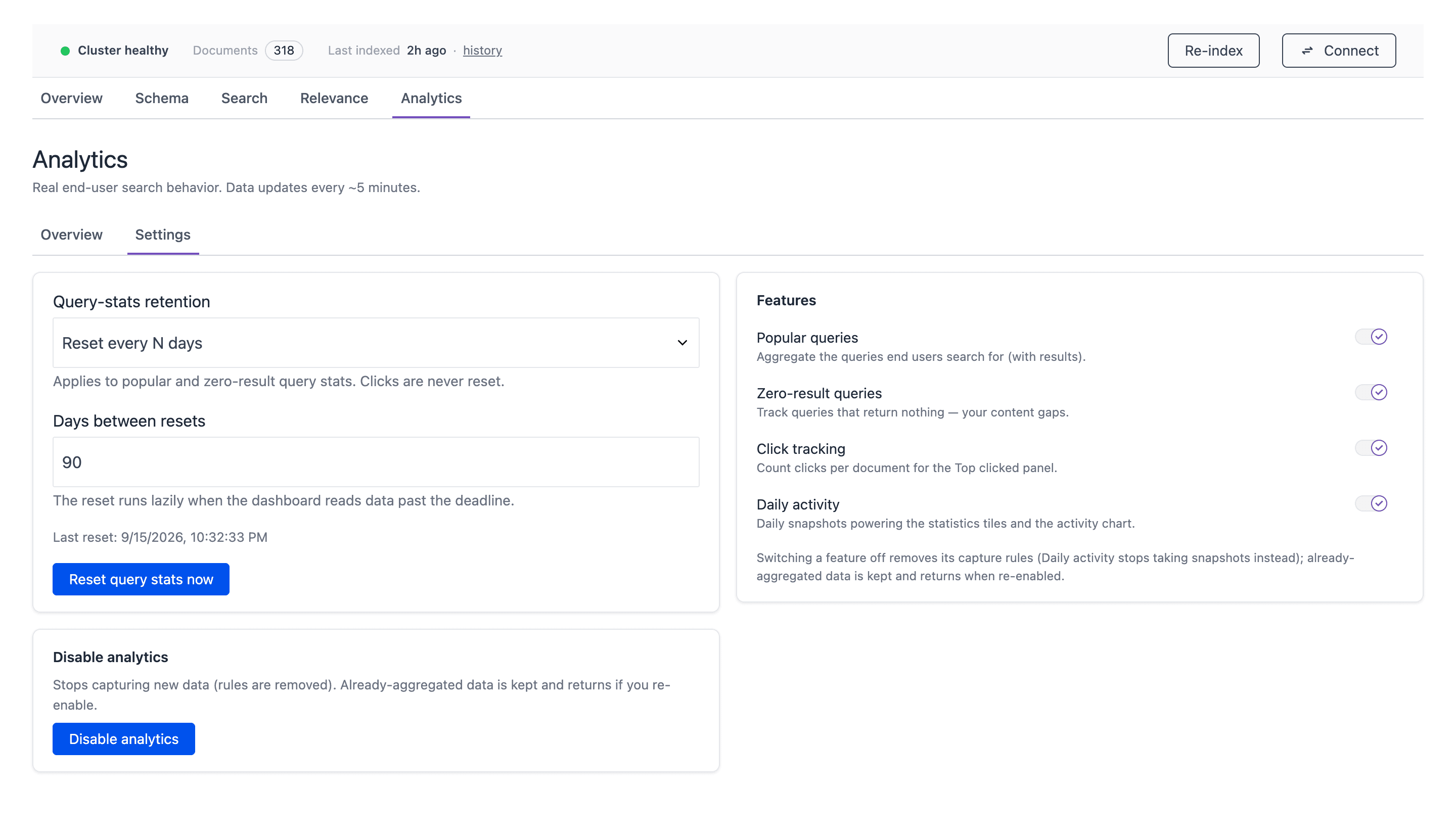 The Settings sub-tab of the Analytics tab. On the left, Query-stats retention is Reset every N days with 90 days between resets and a Reset query stats now button, and a Disable analytics section below. On the right, the Features switches for Popular queries, Zero-result queries, Click tracking and Daily activity are on.