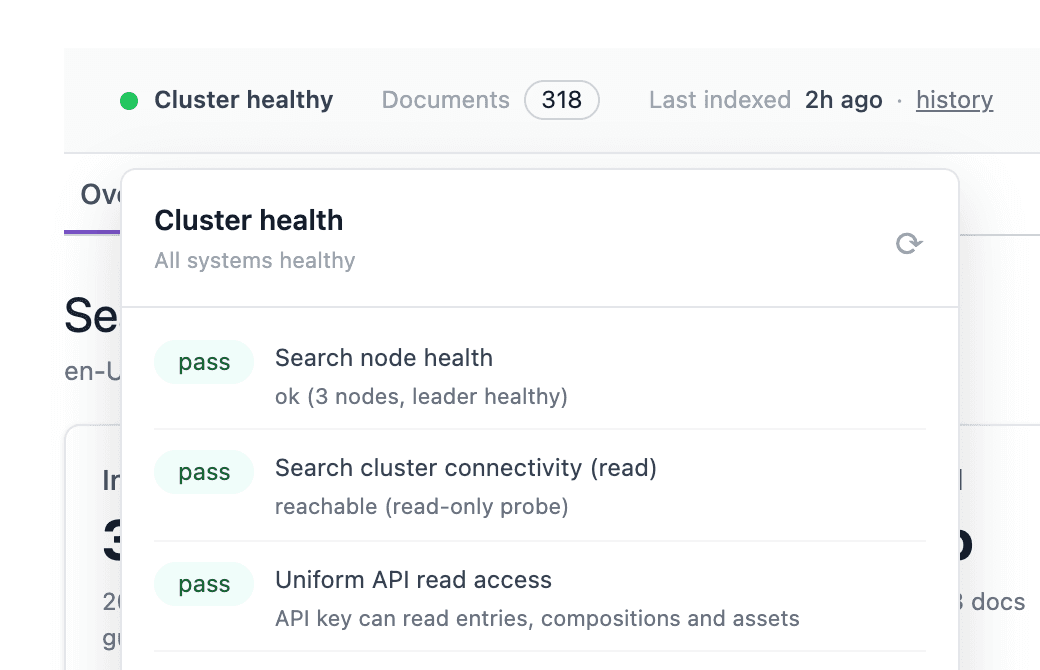 The Cluster health panel open below the health dot, with All systems healthy and a pass chip next to the first checks: Search node health, Search cluster connectivity (read) and Uniform API read access.