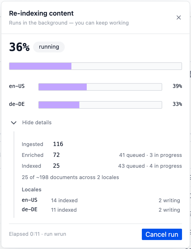 The Re-indexing content panel at 36% with a running chip, an overall progress bar, a bar for en-US and for de-DE, and expanded details with Ingested, Enriched and Indexed counts per stage and indexed documents per locale. A Cancel run button is at the bottom.