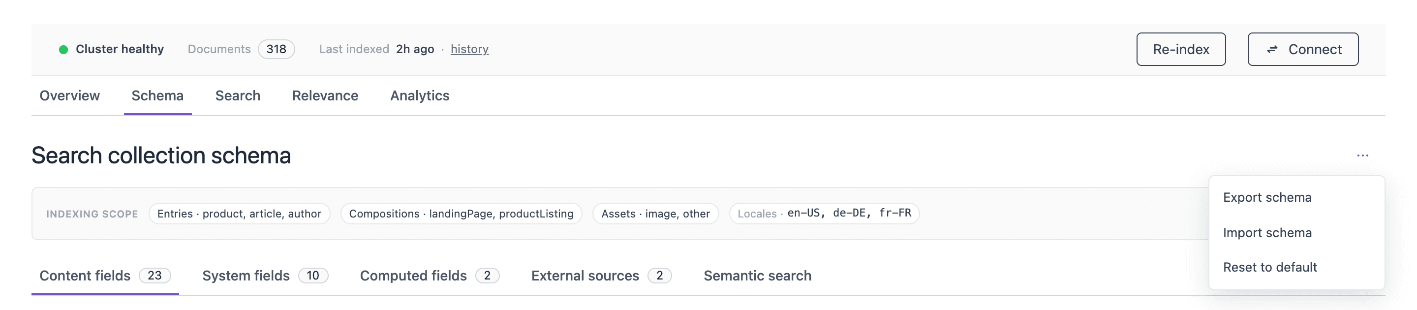 The Schema tab of the Uniform Search tool with the menu at the top right open, showing Export schema, Import schema and Reset to default.