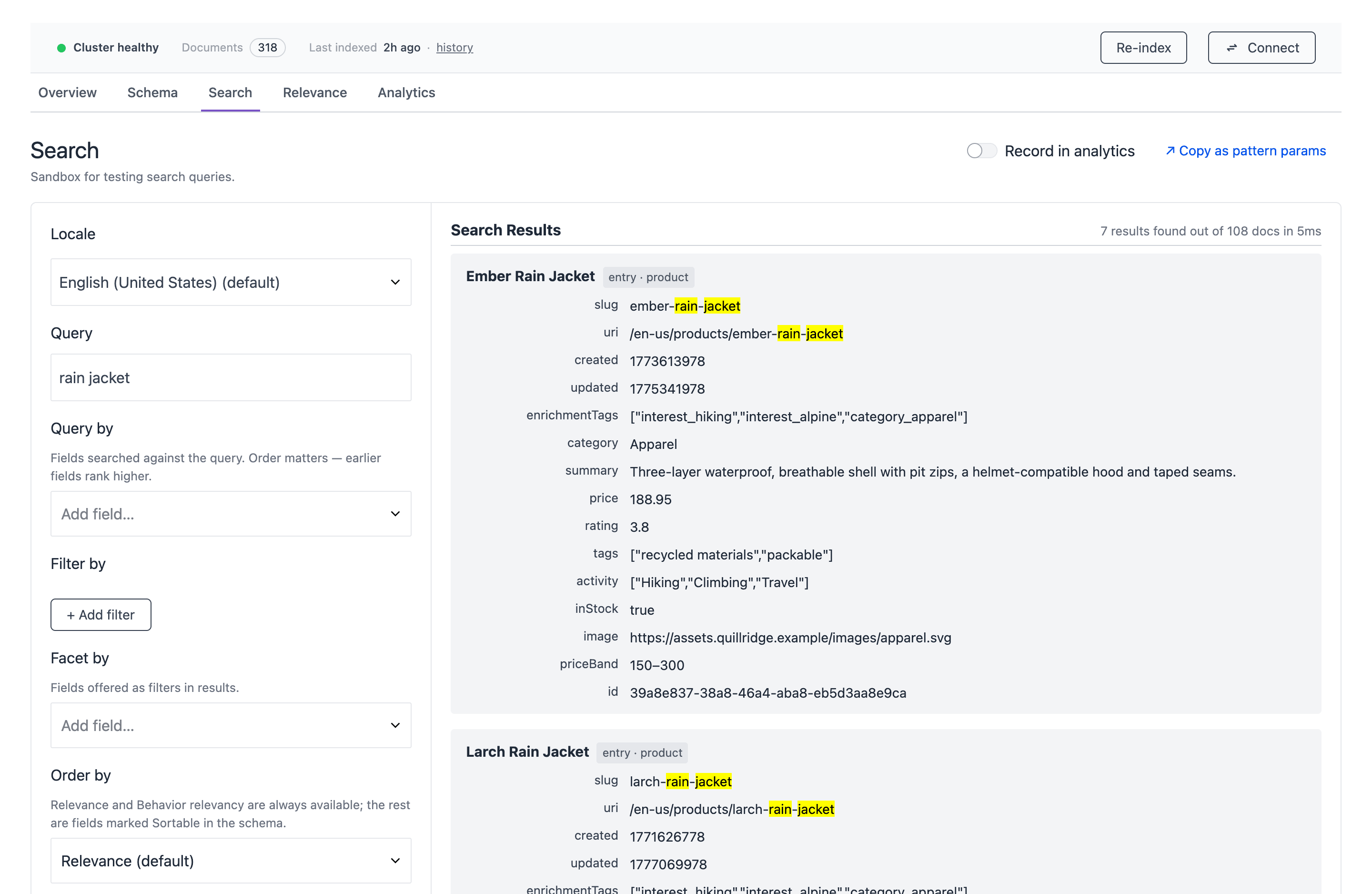 The Search tab with the query rain jacket in the Query field on the left. The Search Results panel on the right shows 7 results, and the first results are Ember Rain Jacket and Larch Rain Jacket with their fields and the matched words highlighted.