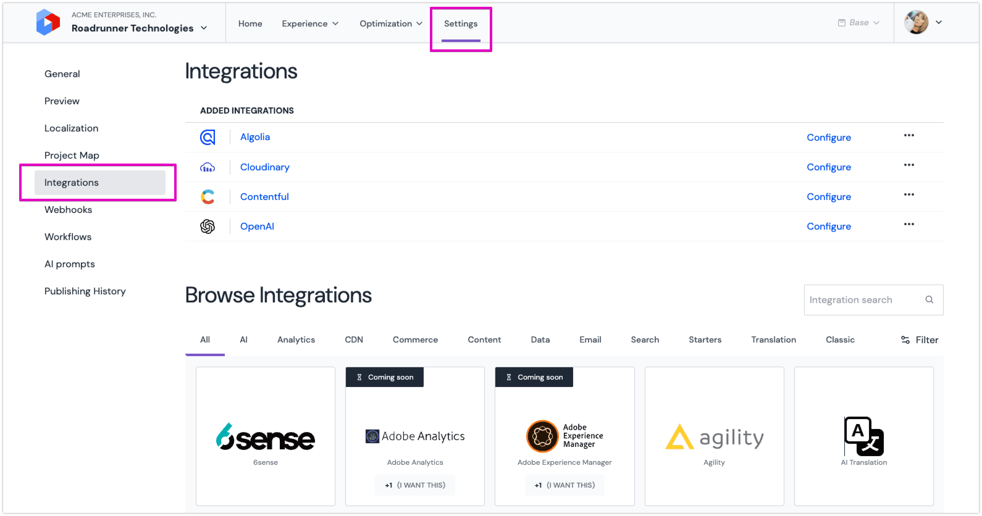 Integrations moved to Settings Integrations moved to Settings